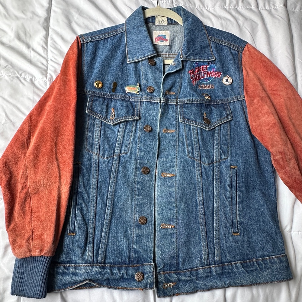 Blue and Orange Jean Jacket with Contrasting Sleeves
